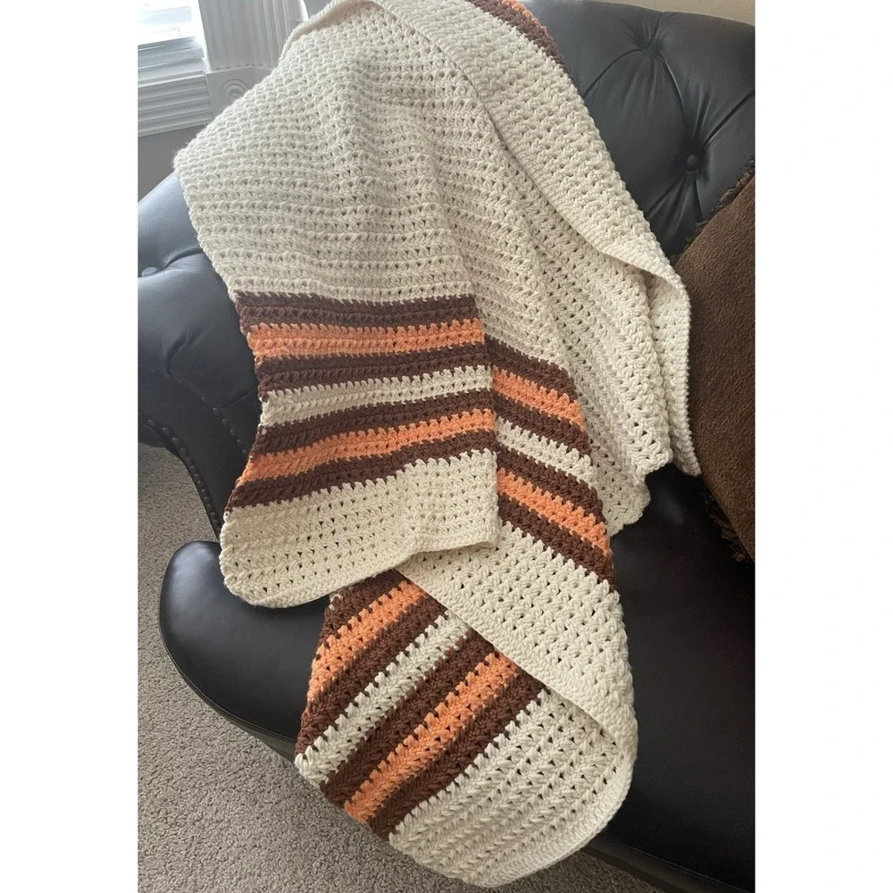 Handmade Ivory Peach Brown Crochet Vtg Fall Afghan Throw Blanket Striped 44